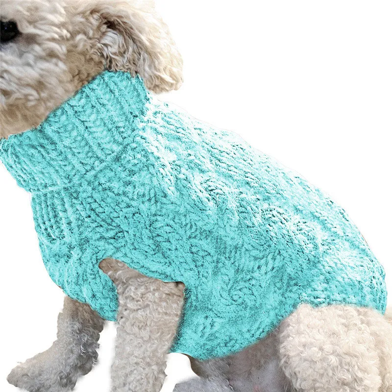 Acrylic pet sweater in beige on small dog, side view, casual winter dog clothing