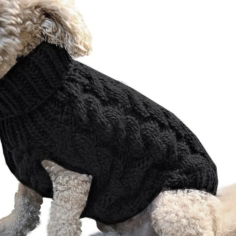 Acrylic pet sweater in beige on small dog, side view, casual winter dog clothing