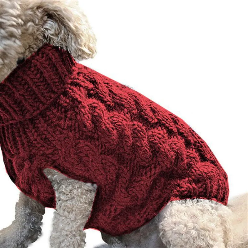 Acrylic pet sweater in beige on small dog, side view, casual winter dog clothing