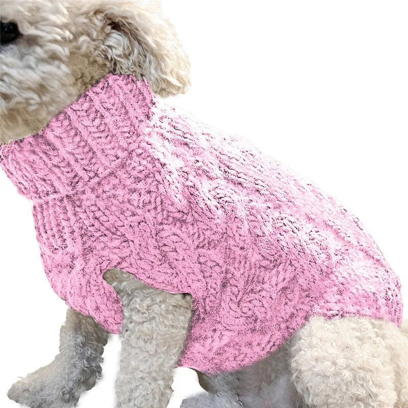 Acrylic pet sweater in beige on small dog, side view, casual winter dog clothing