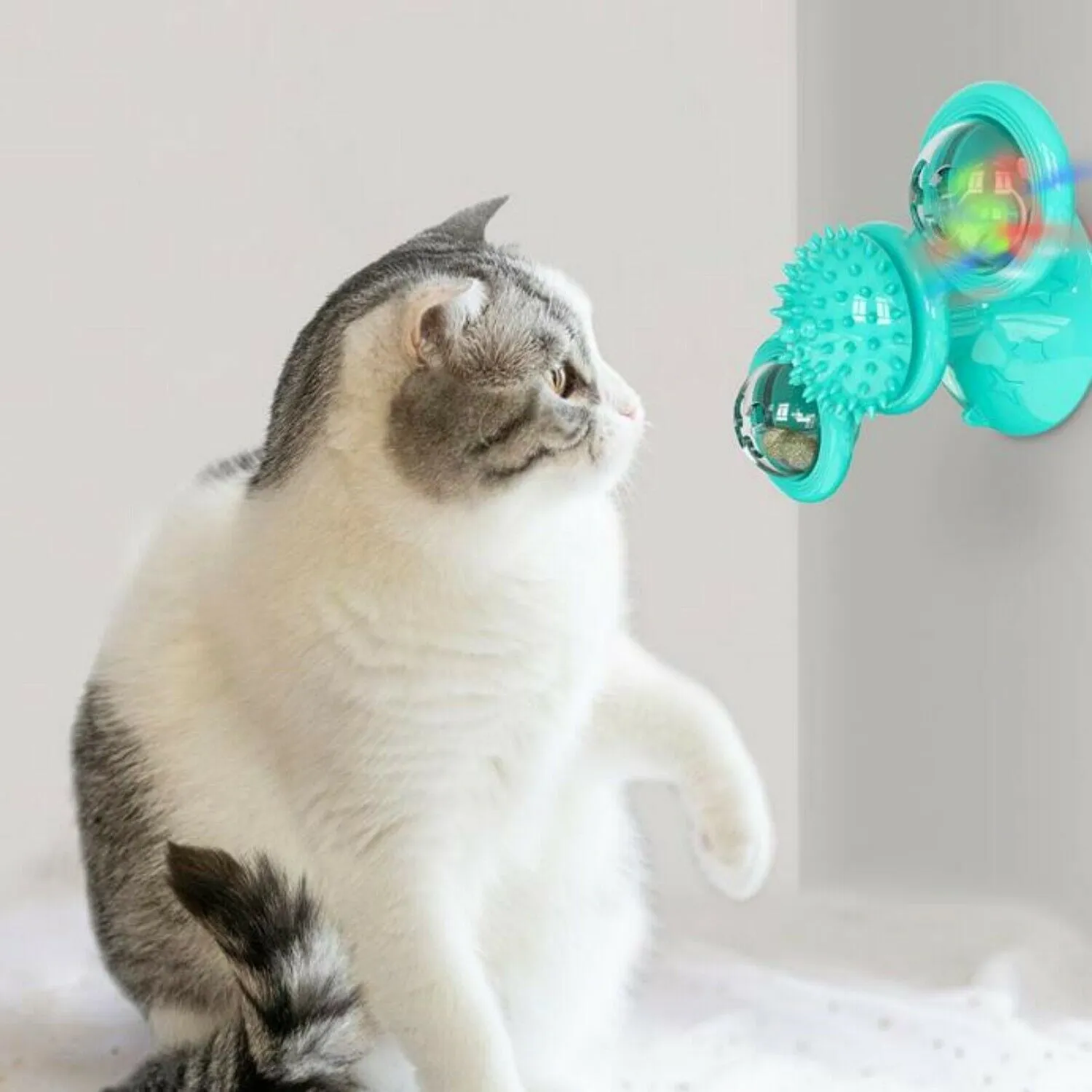 Rotating windmill cat toy with LED light and catnip balls on a white wall