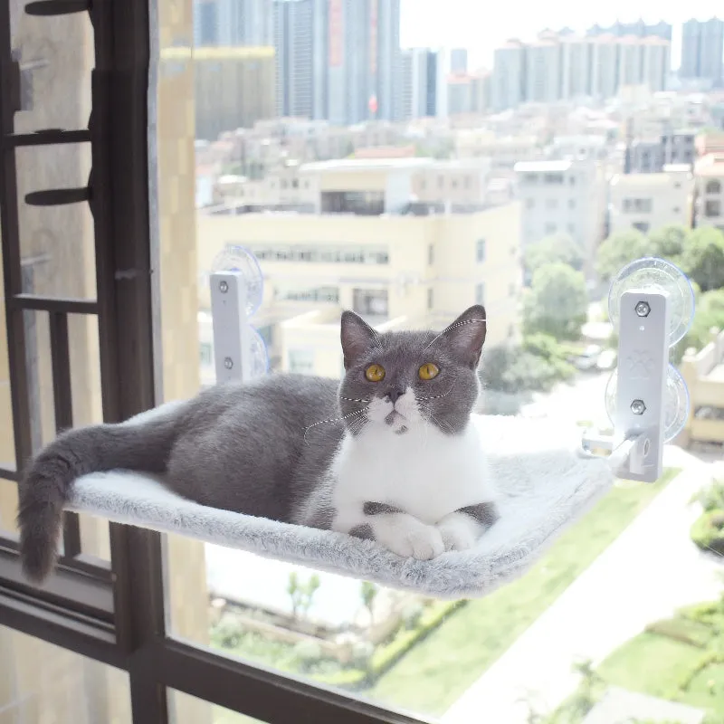 Cat suction cup window hammock with plush fabric, steel frame, available in Beige and Grey in two sizes