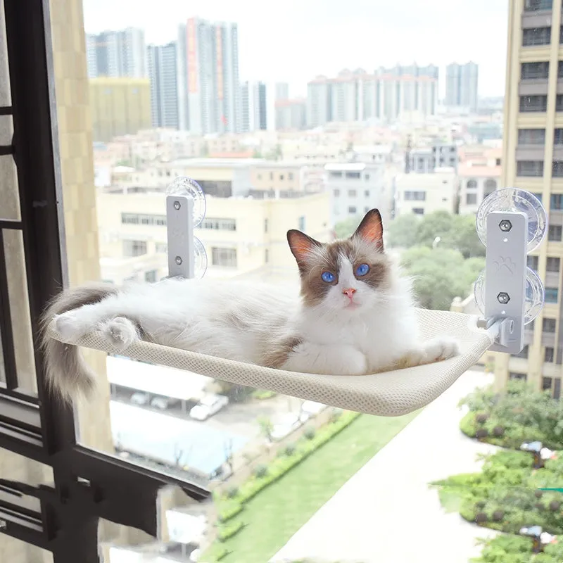 Cat suction cup window hammock with plush fabric, steel frame, available in Beige and Grey in two sizes