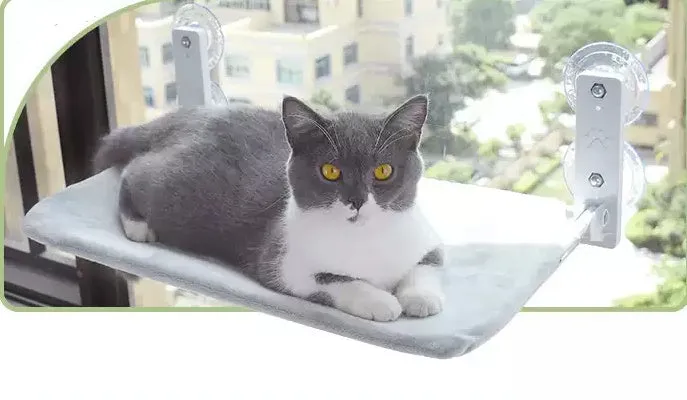 Cat suction cup window hammock with plush fabric, steel frame, available in Beige and Grey in two sizes