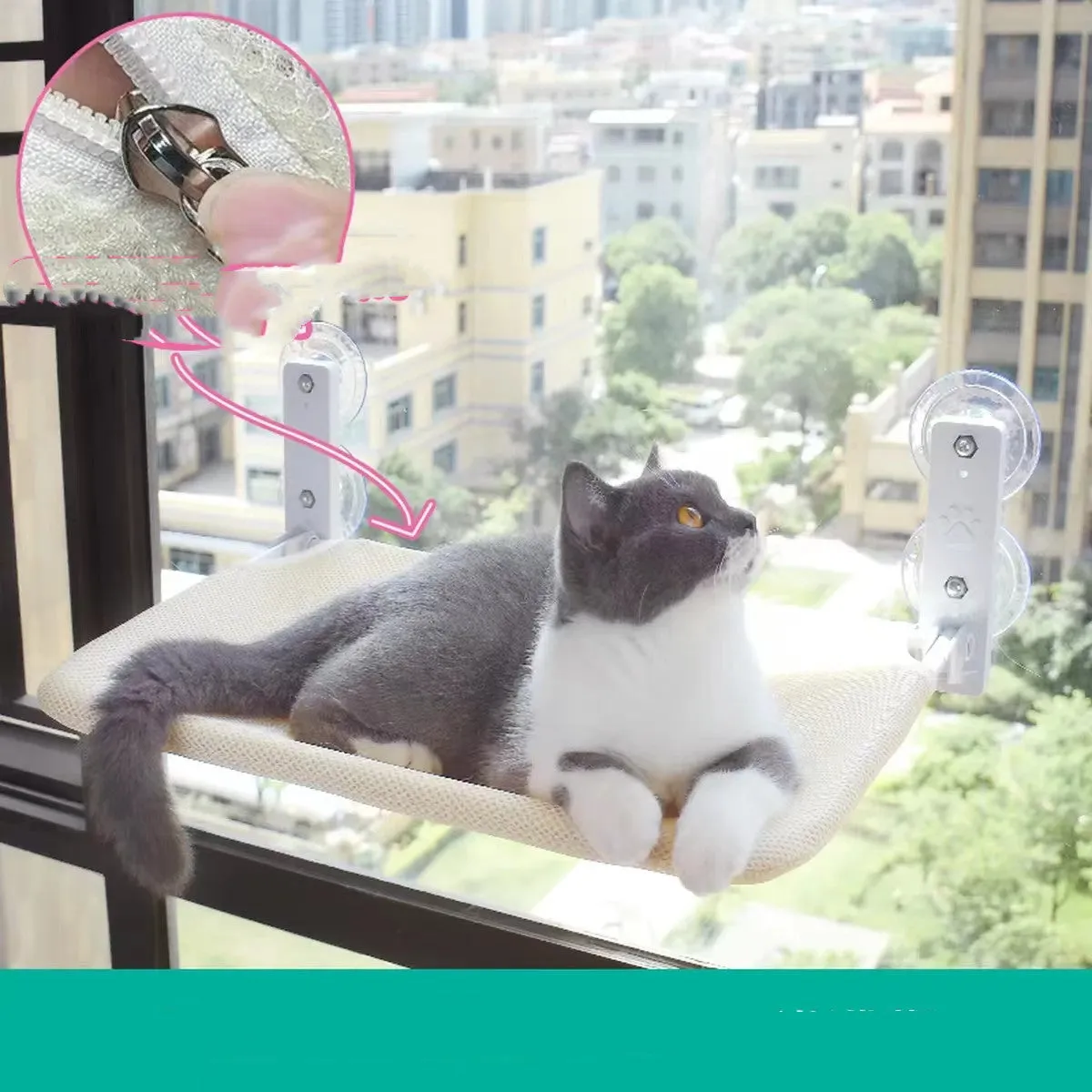 Cat suction cup window hammock with plush fabric, steel frame, available in Beige and Grey in two sizes