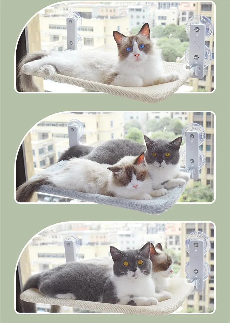 Cat suction cup window hammock with plush fabric, steel frame, available in Beige and Grey in two sizes