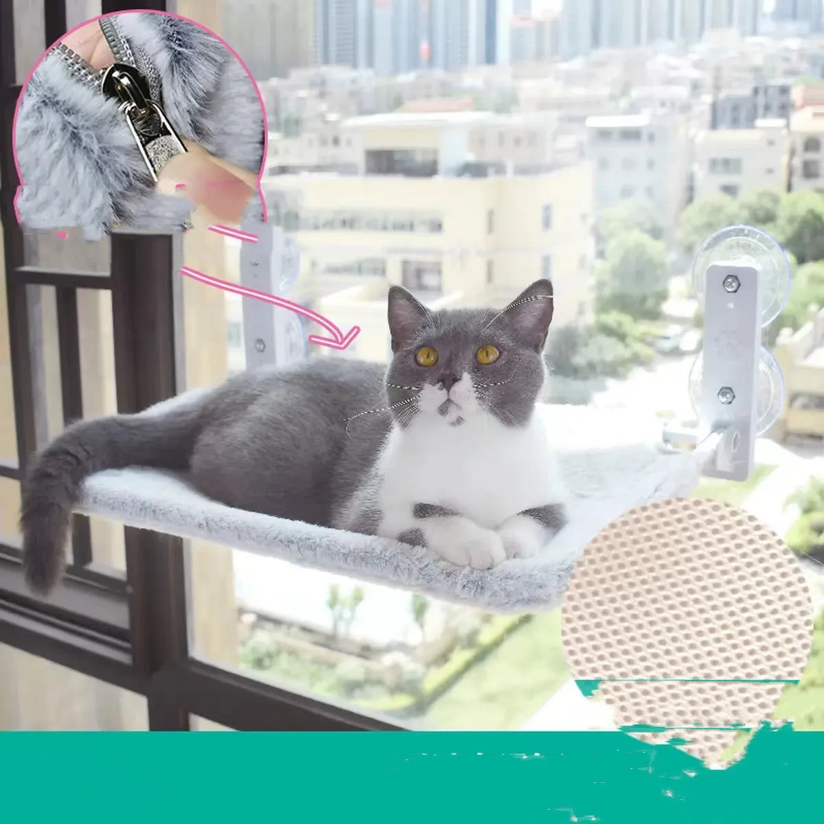 Cat suction cup window hammock with plush fabric, steel frame, available in Beige and Grey in two sizes