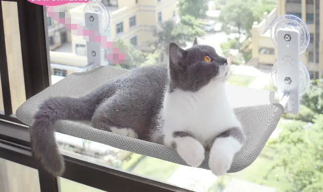 Cat suction cup window hammock with plush fabric, steel frame, available in Beige and Grey in two sizes