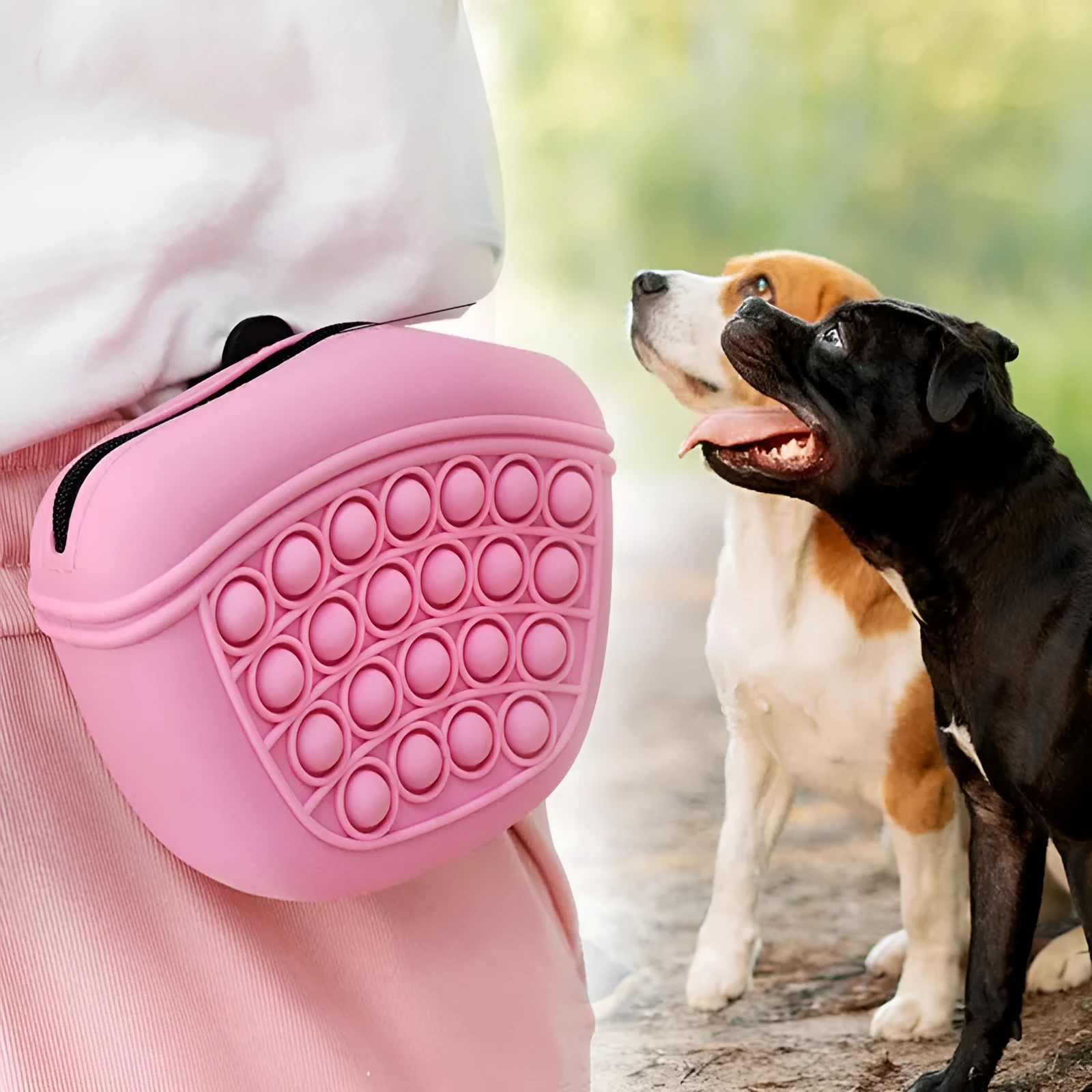 Blue silicone dog training treat pouch with magnetic closure and waist clip on a belt