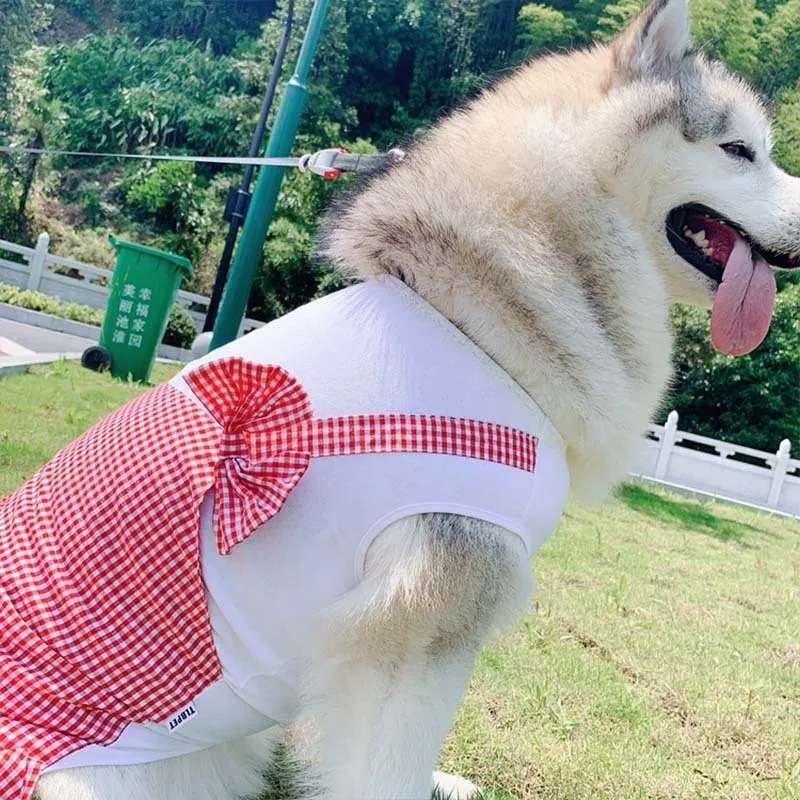 Yellow plaid cotton dog skirt for large breeds like Golden Retrievers, available in multiple sizes
