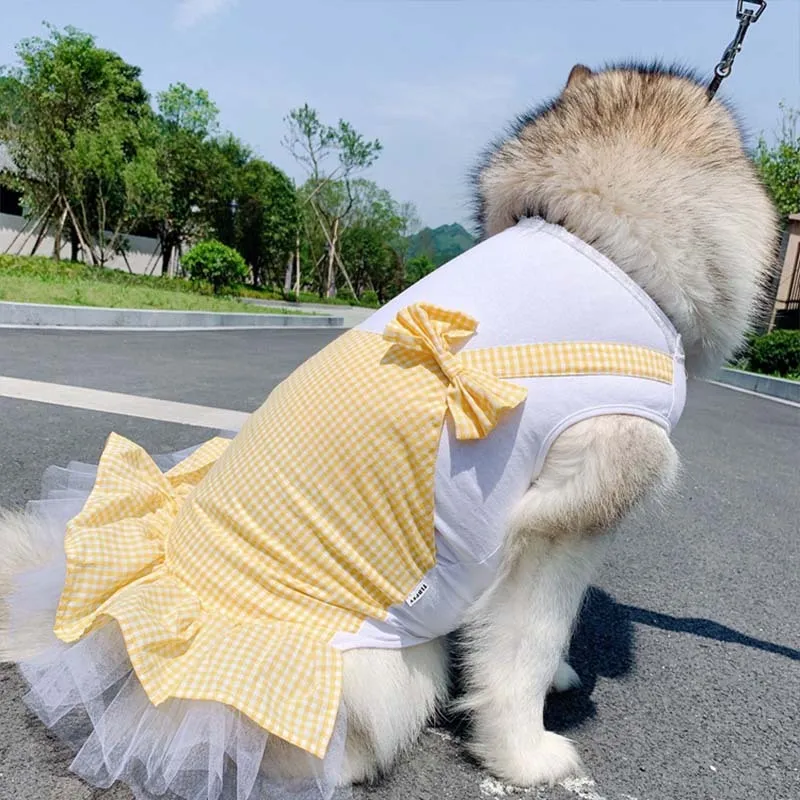 Yellow plaid cotton dog skirt for large breeds like Golden Retrievers, available in multiple sizes