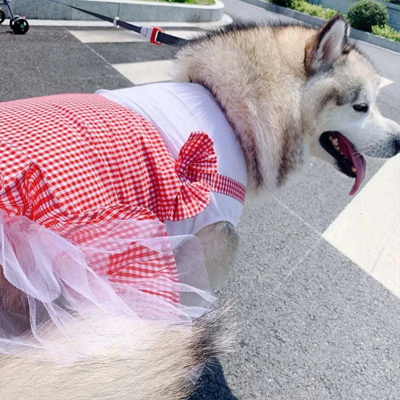 Yellow plaid cotton dog skirt for large breeds like Golden Retrievers, available in multiple sizes