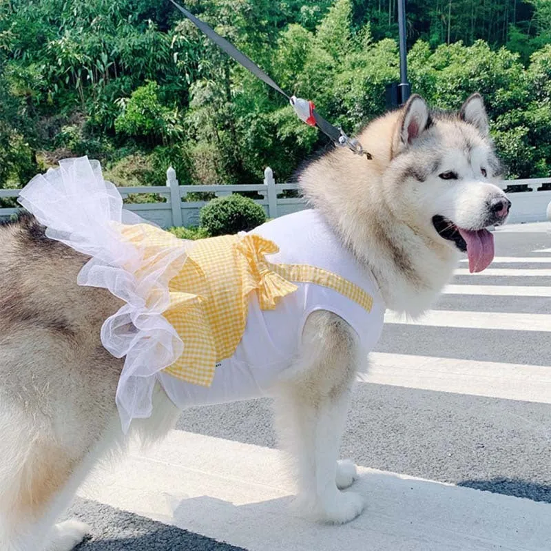 Yellow plaid cotton dog skirt for large breeds like Golden Retrievers, available in multiple sizes