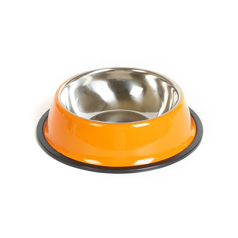 Stainless steel pet bowl with melamine outer pot in orange, non-slip base, dual use food and water