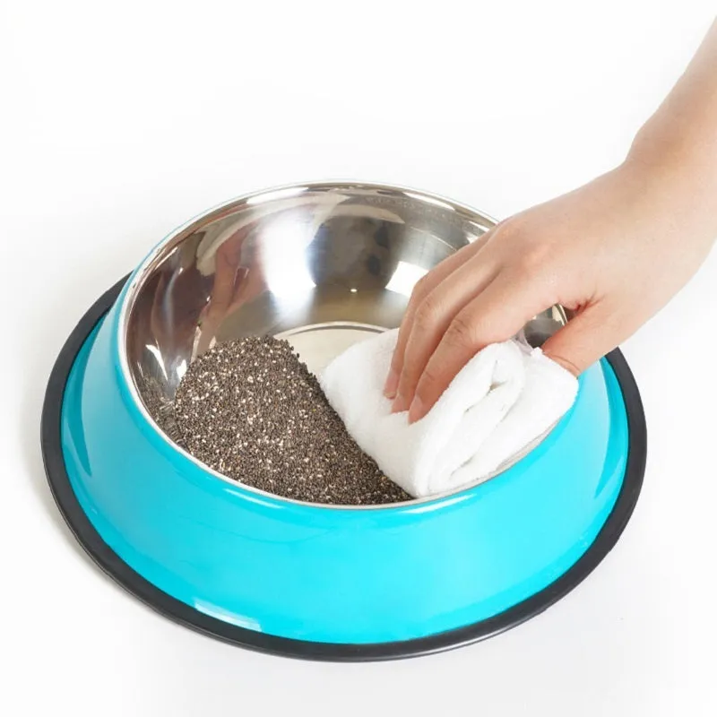 Stainless steel pet bowl with melamine outer pot in orange, non-slip base, dual use food and water