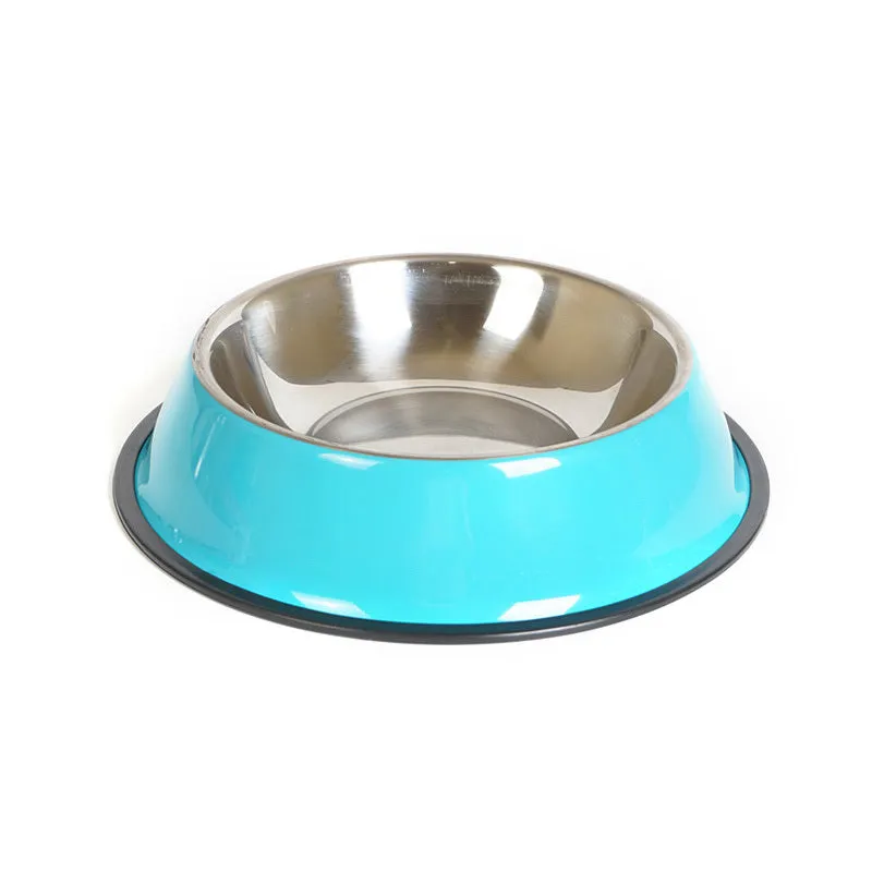Stainless steel pet bowl with melamine outer pot in orange, non-slip base, dual use food and water