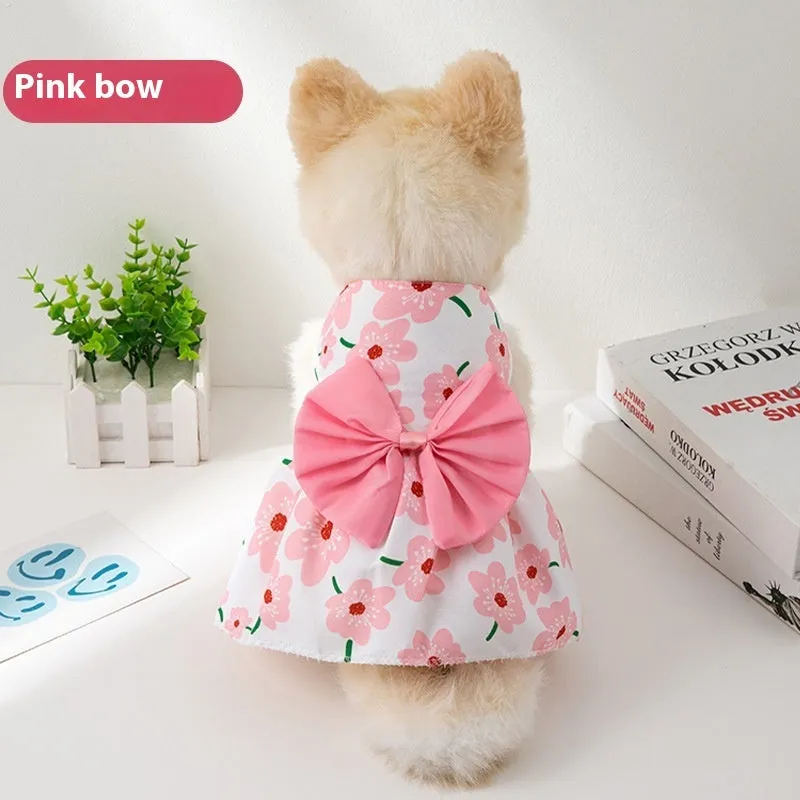 Lightweight pet dress with floral butterfly knot design and colourful bow accent