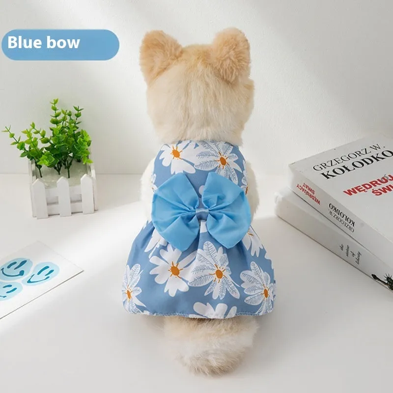 Lightweight pet dress with floral butterfly knot design and colourful bow accent