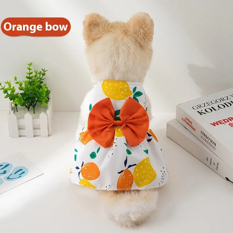 Lightweight pet dress with floral butterfly knot design and colourful bow accent