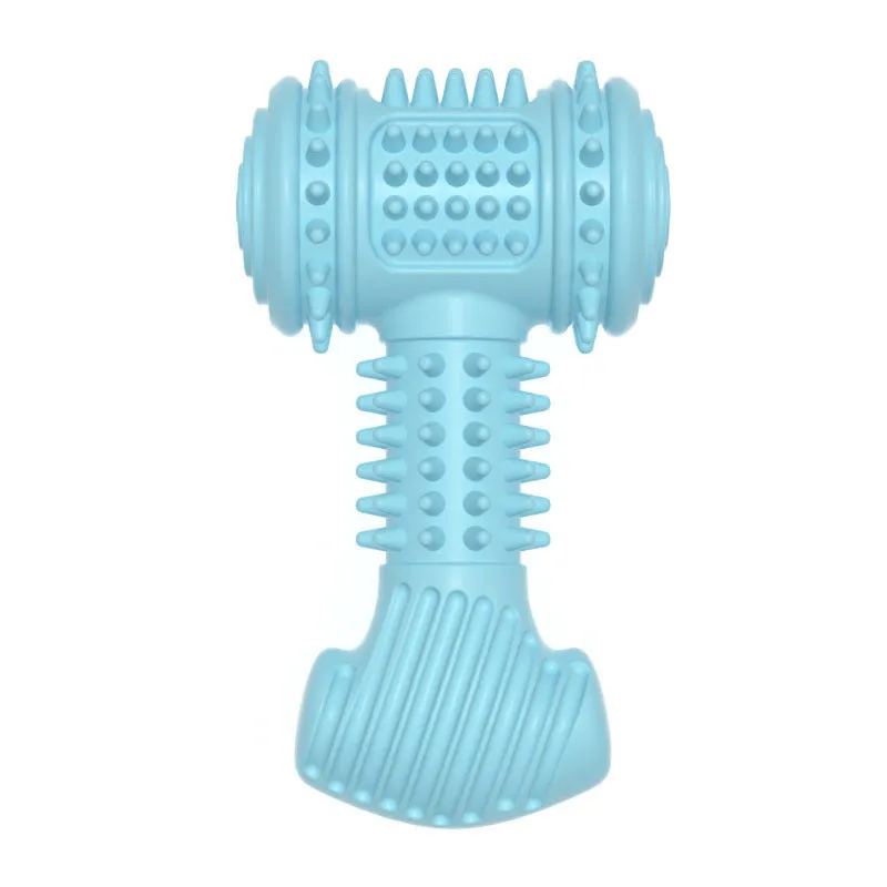 Blue TPR indestructible dog chew toy in big-bone shape for aggressive chewers with raised dots for teeth cleaning