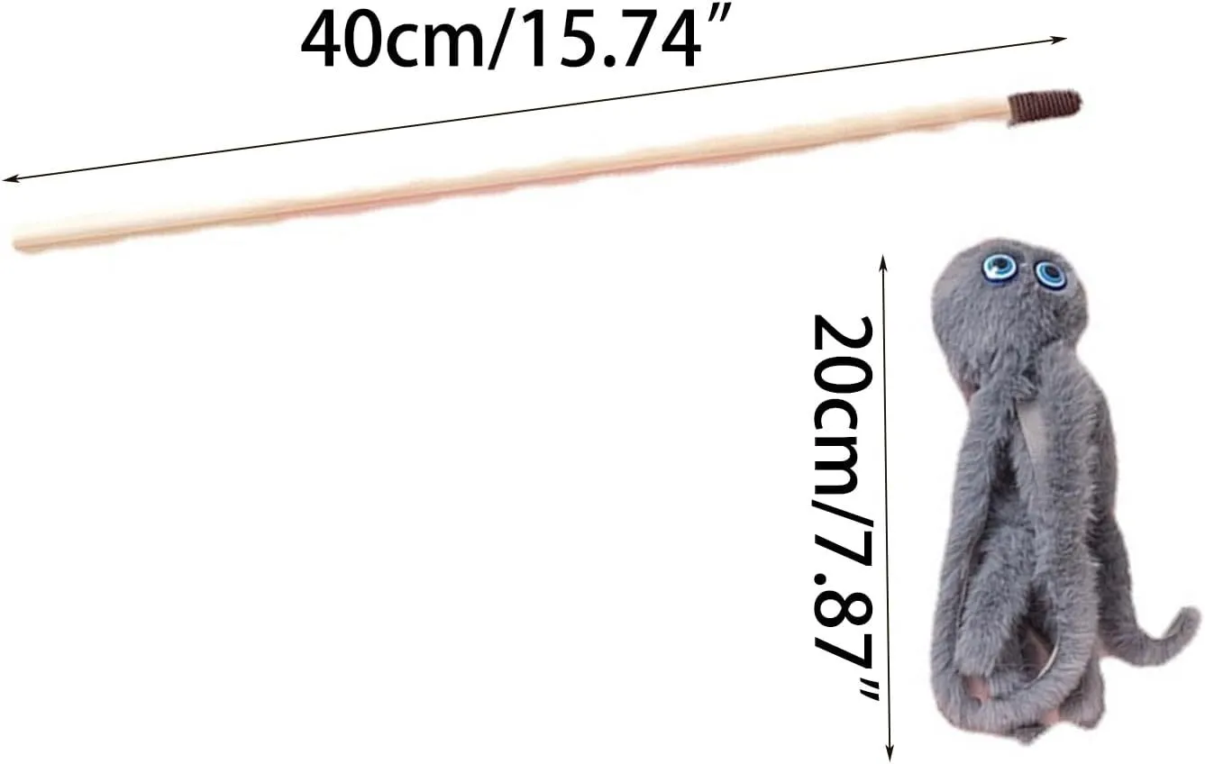 Octopus design cat toy with movable eyes on a long stick, shown in grey, pink, purple, or red.