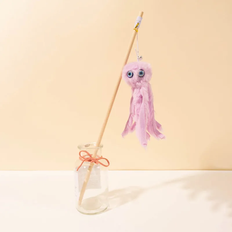 Octopus design cat toy with movable eyes on a long stick, shown in grey, pink, purple, or red.