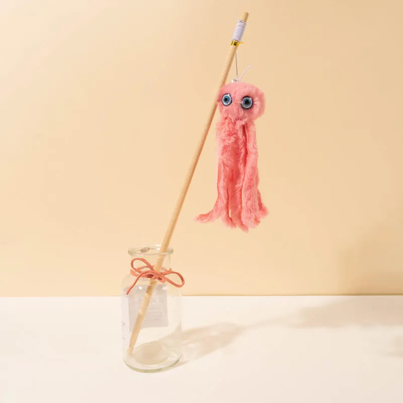 Octopus design cat toy with movable eyes on a long stick, shown in grey, pink, purple, or red.