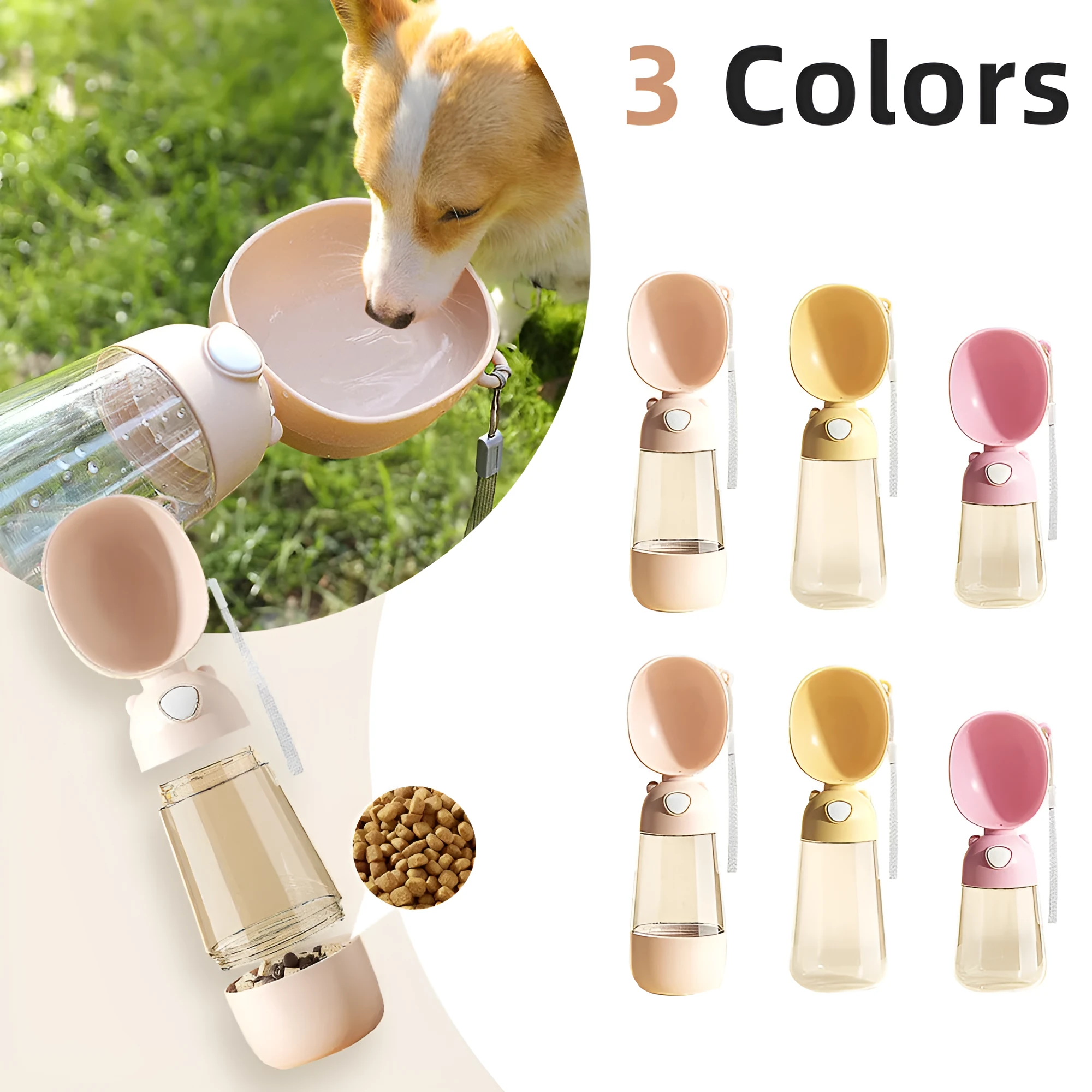 Portable dog water bottle and food container in yellow with attached bowl for outdoor pet hydration