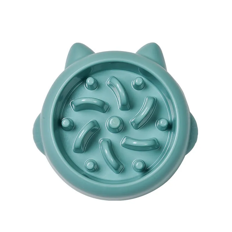 Pet slow feeder bowl in green with fun-shaped obstacles to slow eating and prevent gulping
