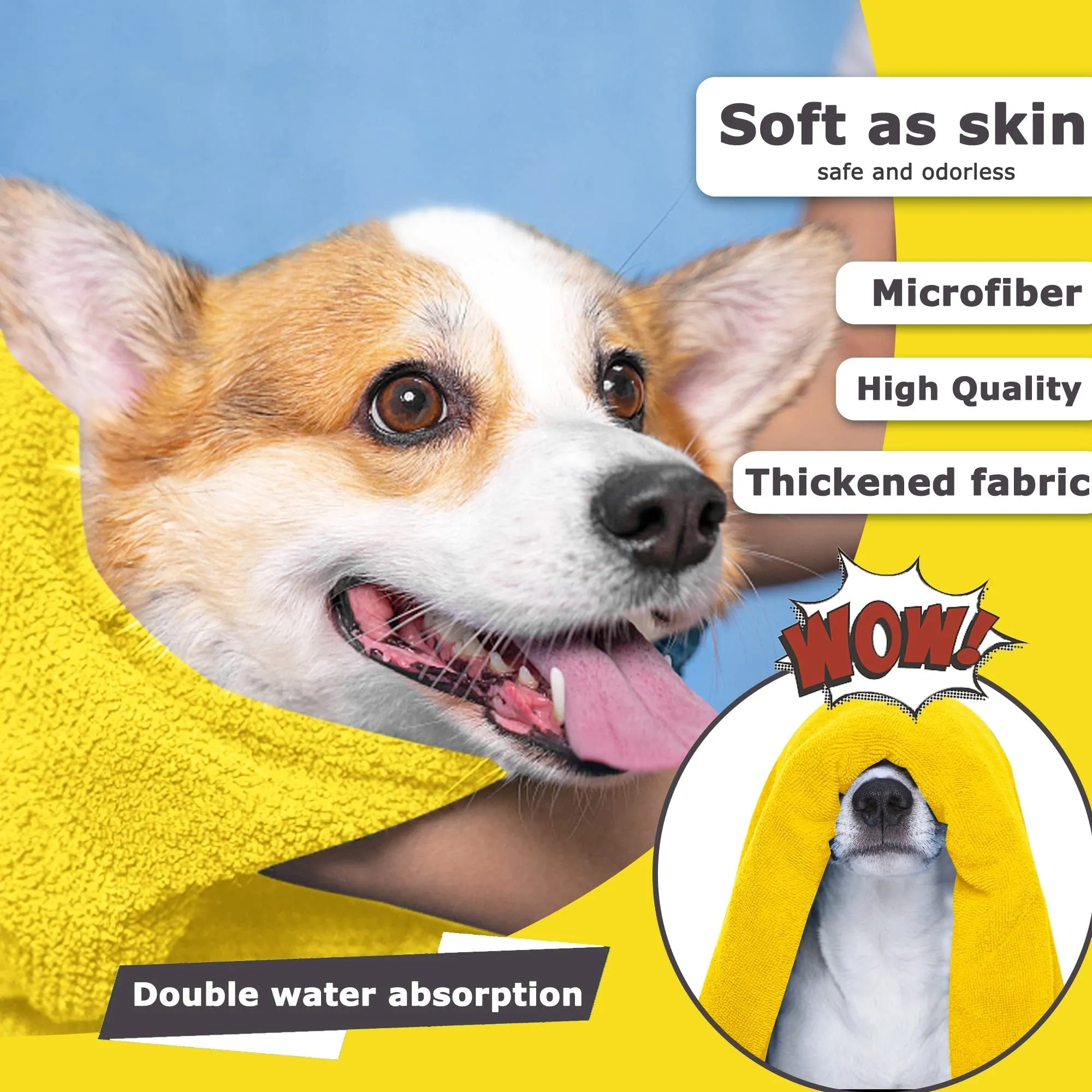 Yellow microfiber dog drying towel with hook loop, super absorbent for pets