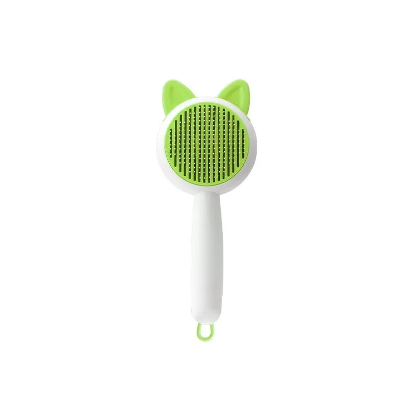 Self-cleaning pet hair remover comb with PP TPR handle and stainless steel teeth, greenish white colour
