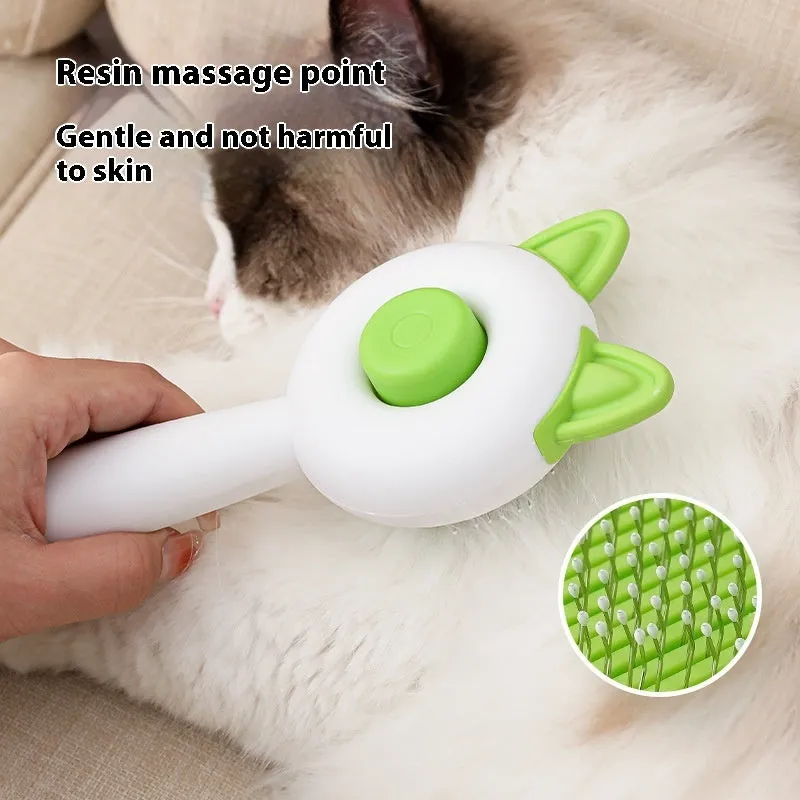 Self-cleaning pet hair remover comb with PP TPR handle and stainless steel teeth, greenish white colour