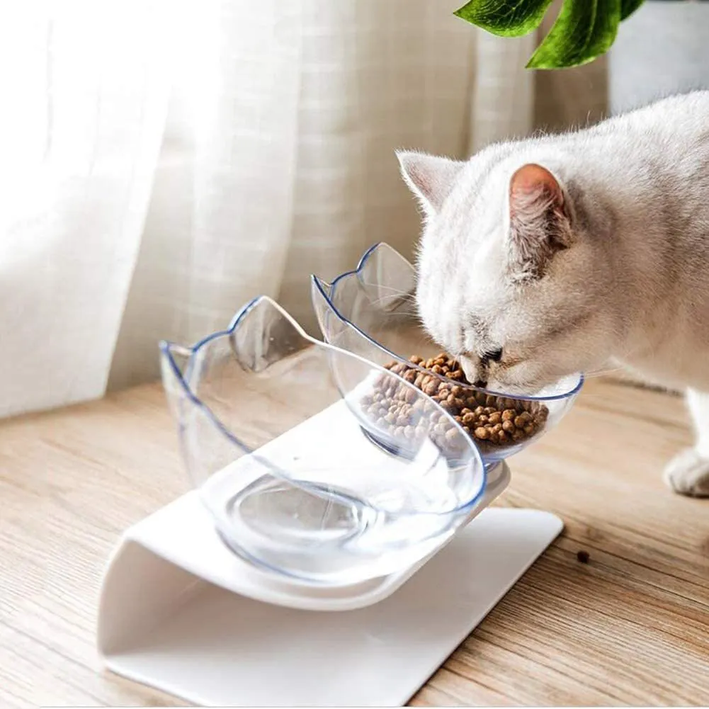 Non slip double cat bowl with raised stand transparent plastic pet feeder for dogs and cats