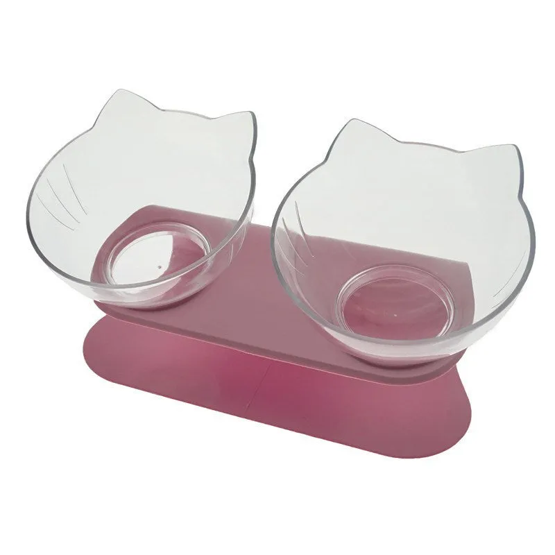 Non slip double cat bowl with raised stand transparent plastic pet feeder for dogs and cats