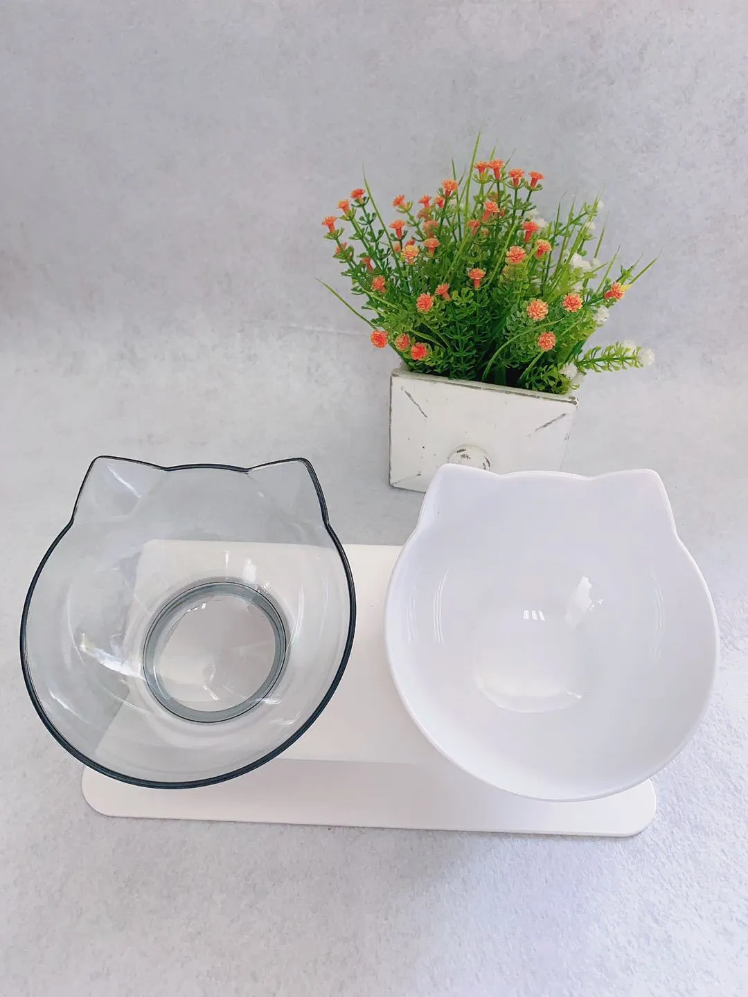 Non slip double cat bowl with raised stand transparent plastic pet feeder for dogs and cats