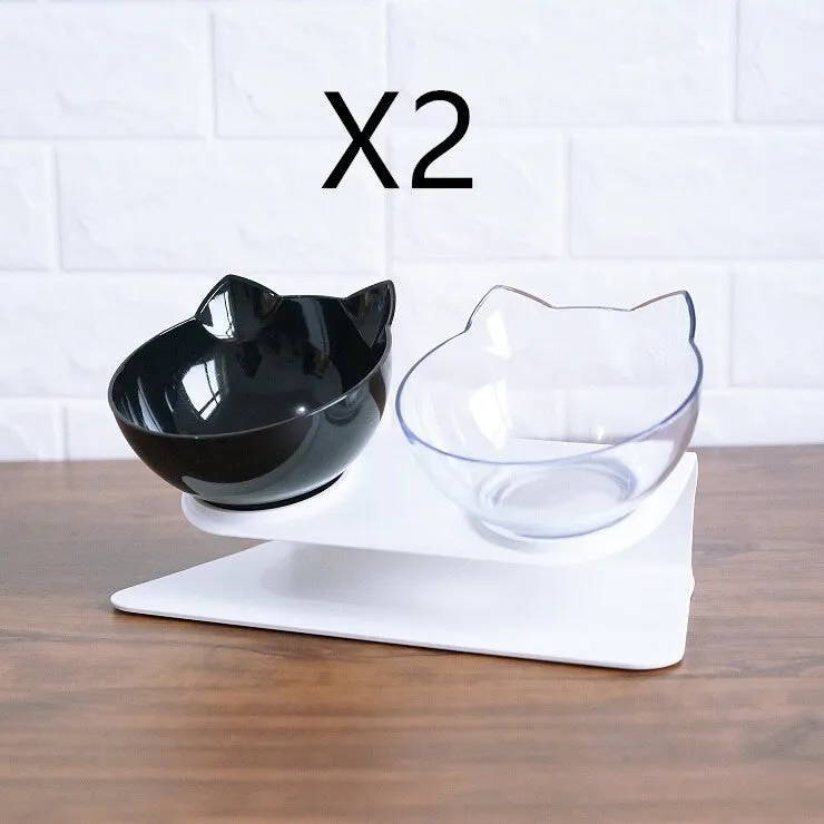 Non slip double cat bowl with raised stand transparent plastic pet feeder for dogs and cats