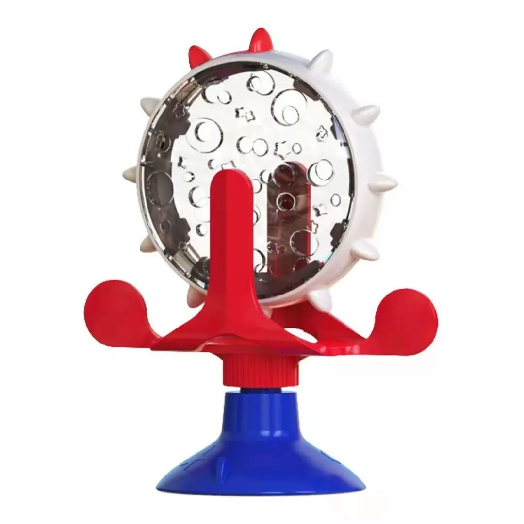Blue green red or yellow ABS plastic pet puzzle toy with spinner and sucker base for cats and small dogs.