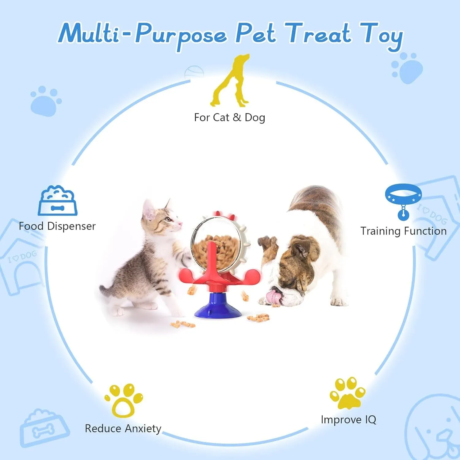 Blue green red or yellow ABS plastic pet puzzle toy with spinner and sucker base for cats and small dogs.