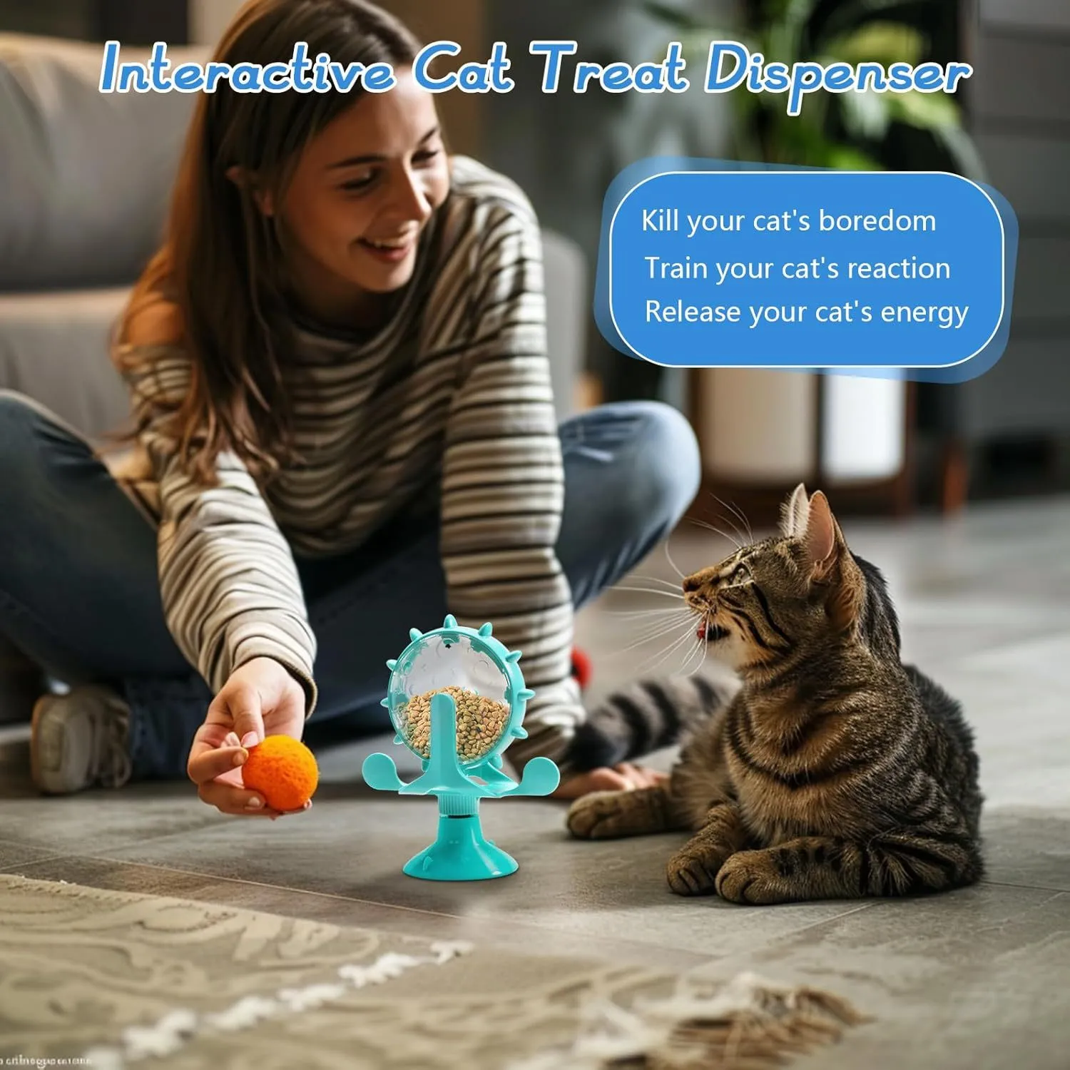 Blue green red or yellow ABS plastic pet puzzle toy with spinner and sucker base for cats and small dogs.