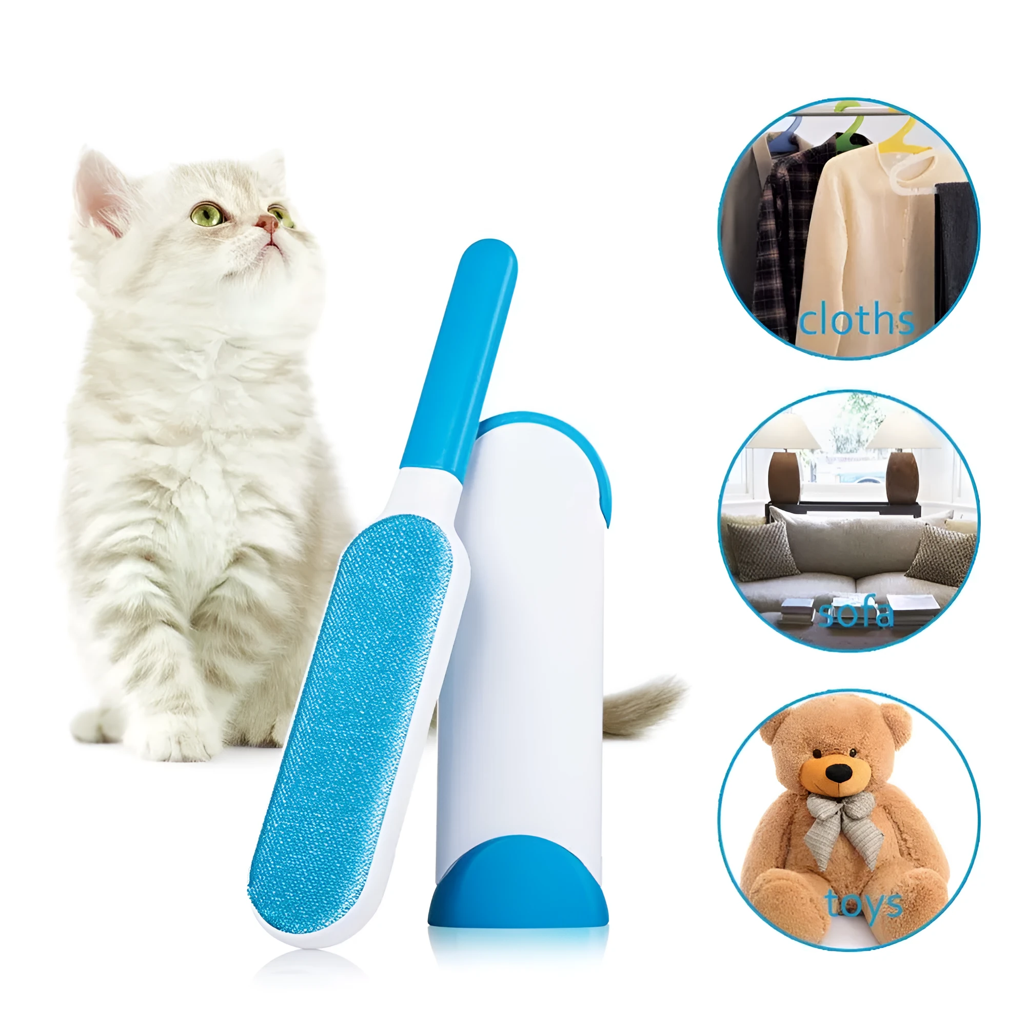 Reusable cat dog hair removal comb with self-cleaning base, double-sided extra-large lint brush on a sofa