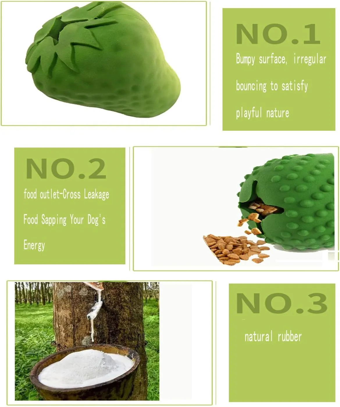 Green strawberry dog chew toy made from natural rubber with bamboo fibre on a white background