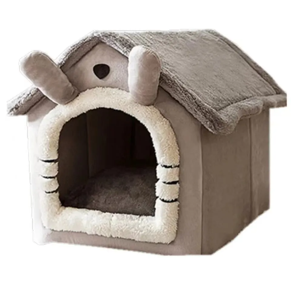 Washable enclosed pet nest bed in gray for small dogs and cats with removable cover