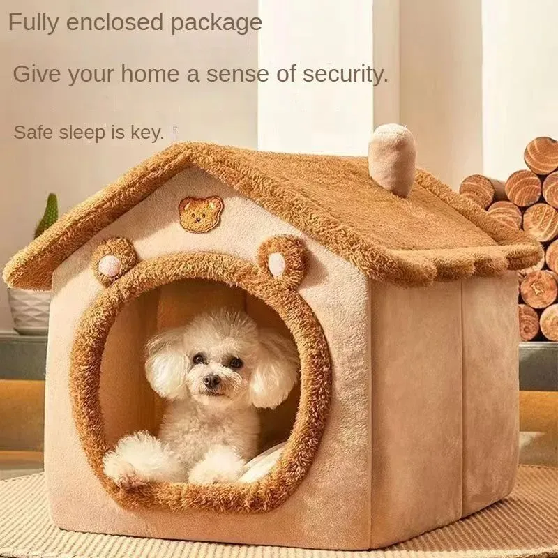 Washable enclosed pet nest bed in gray for small dogs and cats with removable cover