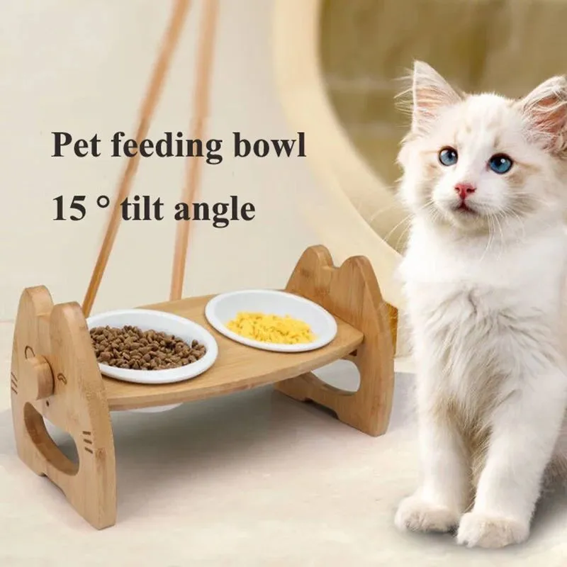 Height adjustable pet bowl with ceramic double bowls on bamboo stand, original wood colour