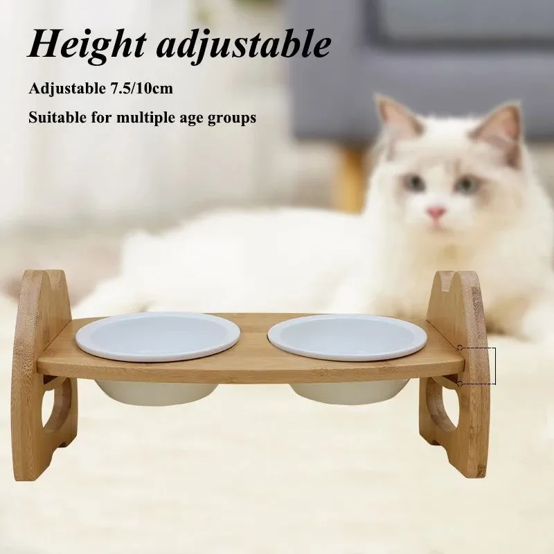 Height adjustable pet bowl with ceramic double bowls on bamboo stand, original wood colour