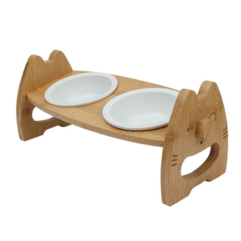 Height adjustable pet bowl with ceramic double bowls on bamboo stand, original wood colour