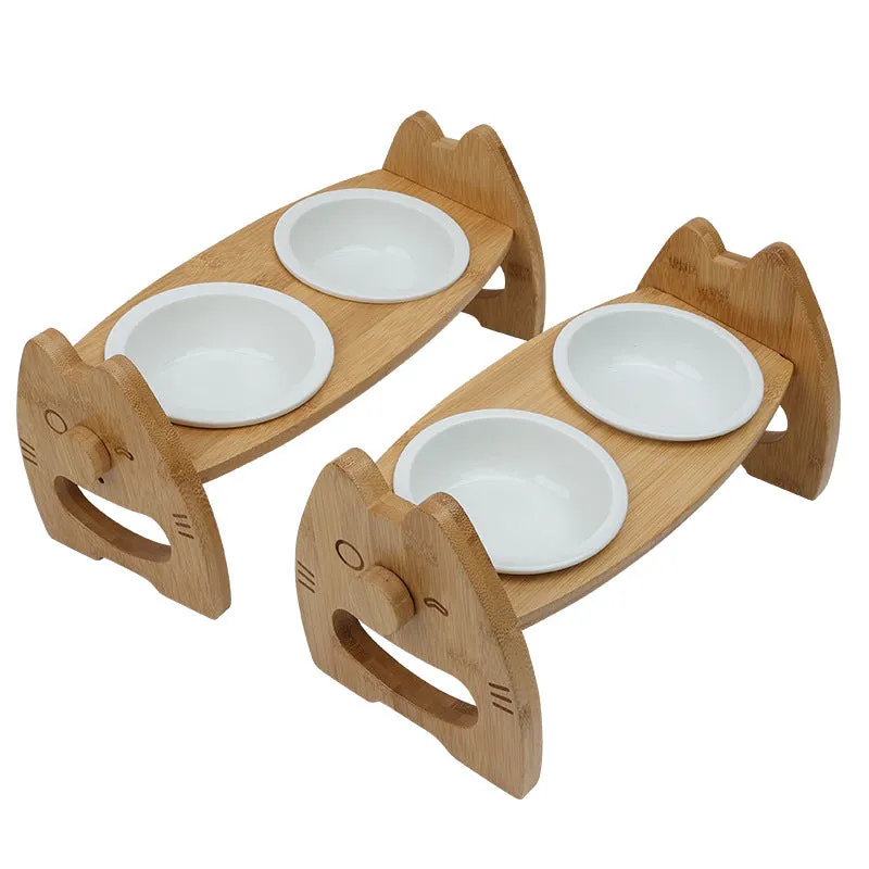 Height adjustable pet bowl with ceramic double bowls on bamboo stand, original wood colour