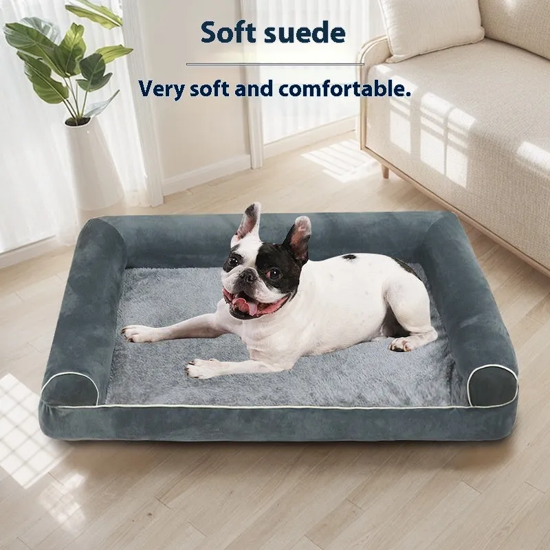 Square dark grey cloth dog bed with sponge filling on a wooden floor