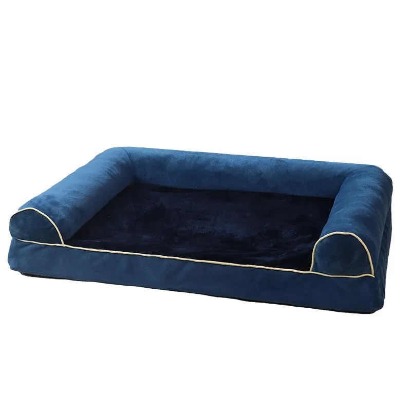 Square dark grey cloth dog bed with sponge filling on a wooden floor