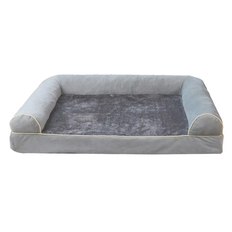 Square dark grey cloth dog bed with sponge filling on a wooden floor